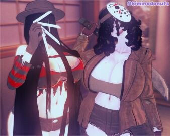2girls 3d black_hair bra_visible_through_clothes costume crossover curly_hair female friday_the_13th ghost gloves halloween_costume hockey_mask hotpants jacket ju-on kiminodonuts koikatsu long_hair looking_at_viewer mask nightmare_on_elm_street nightmare_waifu pale_skin saeki_kayako shorts the_grudge the_ring torn_clothes white_skin yamamura_sadako
