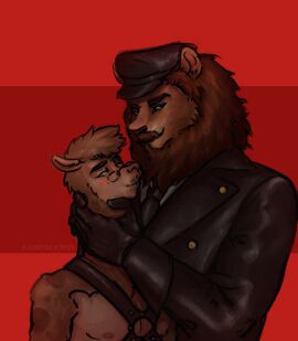 alpaca asphyxiation black_clothing camelid clothing duo eyewear facial_hair felid g_jamez glasses gloves handwear hat headgear headwear hi_res jameslewis leather leather_clothing leather_gloves leather_handwear leather_hat leather_headgear leather_headwear lion long_neck male male/male mammal moustache necktie pantherine simple_background size_difference strangling uniform