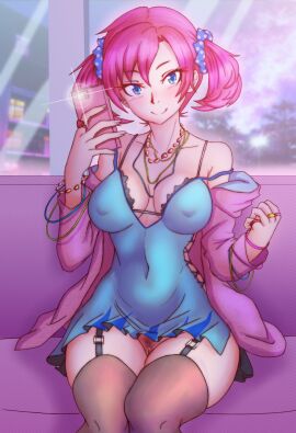 black_thighhighs blue_camisole blue_eyes blush bottomless breasts burbdoodles camisole cellphone collarbone covered_nipples cowboy_shot cross-laced_clothes digimon digimon_story digimon_story:_cyber_sleuth falcon_(burbdoodles) female garter_straps highres holding holding_phone indoors jacket large_breasts long_hair no_panties nokia_shiramine off_shoulder phone pink_hair pink_jacket pubic_hair pussy red-haired_female red_hair selfie shiramine_nokia sideless_outfit sitting smartphone smile solo thighhighs twintails
