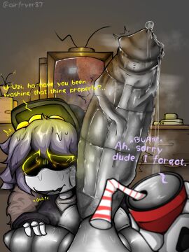 1boy 1futa airfryer87 balls ballsack big_penis futa/male futa_pov futanari glitch_productions huge_cock huge_penis intersex male murder_drones musk musk_clouds musky_cock n_(murder_drones) penis penis_awe penis_fear pov precum sweat sweating sweaty sweaty_balls sweaty_genitalia sweaty_penis text uncensored uzi_(murder_drones) vein veins veiny veiny_penis