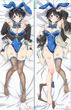 armpits ass_visible_through_thighs bare_shoulders barefoot bed_sheet belly_button_visible_through_clothing big_breasts black_hair blue_eyes blue_leotard blush breasts bunny_ears bunnysuit cleavage dakimakura dakimakura_design feet female fishnet_thighhighs fishnets groin kanojo_okarishimasu knee_blush leotard lying official_art parted_lips sarashina_ruka school_uniform short_hair smile thighhighs thighs toes unworn_thighhighs wrist_cuffs zettai_ryouiki