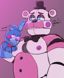 2023 animatronic animatronics bear black_bowtie blue_body blue_eyes bowtie breasts bunny bunny_ears color colored dialogue english_dialogue english_text eyes_half_open five_nights_at_freddy's five_nights_at_freddy's:_sister_location fnaf funtime_freddy funtime_freddy_(fnafsl) glowing_eyes grabbing_breast half-closed_eyes hat lagomorph leporid looking_at_another looking_at_breasts male male_breasts male_only male_with_breasts moobs nipples no_humans pink_body pink_eyes puppet_bonnie_(fnafsl) purple_nipples rabbit rabbit_ears red_bowtie robot scottgames shy simple_background simple_coloring sketch spaceandroids speech_bubble squeezing_breast text text_bubble touching_breast white_body