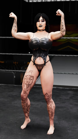 1girls 3d 4k big_breasts breasts dark_hair female hi_res light_skin mehlabs muscular muscular_female rhea_ripley tattoo voluptuous voluptuous_female wrestling wwe