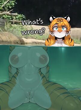 :/ animal_ears arm_support blue_eyes breasts cleft_of_venus clitoral_hood clitoris english_text female furry furry_female highres large_breasts long_hair looking_at_viewer navel nipples orange_hair original outdoors partially_submerged partially_underwater_shot photo-referenced photo_background pool pussy raised_eyebrow sitting striped_fur striped_hair thighs tiger_ears tiger_girl tiger_stripes wariza water wheel_of_fortune_(artist)
