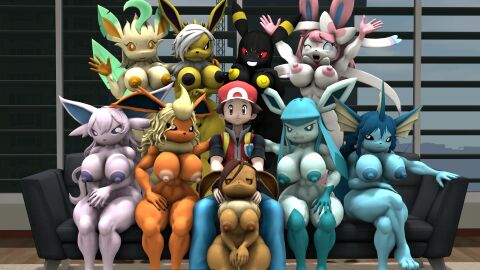 1boy 3d 3d_(artwork) 6+girls 9girls all_nine_eeveelutions eevee eeveelution espeon female flareon furry glaceon jolteon kabalmystic_(style) leafeon male pokemon pokemon_(species) red_(pokemon) source_filmmaker sylveon tagme tomop umbreon vaporeon