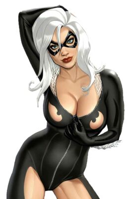 black_bodysuit black_cat_(marvel) blue_eyes bodysuit breasts clawed_fingers exposed_breasts felicia_hardy female hand_over_head marvel marvel_comics masked_female nearly_nude red_lipstick revealing_breasts spider-man_(series) torn_bodysuit unzipping_bodysuit webart20 white_hair