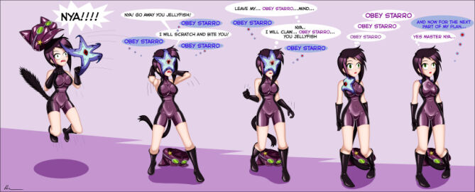 1girls absurdres boots cat_girl clothing comic corruption dc dc_comics empty_eyes expressionless female femsub green_eyes hat latex mantra mind_control open_mouth original parasite purple_hair purpur_(rosvo) resisting rosvo short_hair simple_background slit_pupils spread_legs standing standing_at_attention starro super_hero tail text wide_eyed wide_hips