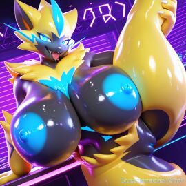 ai_generated big_breasts black_fur blue_eyes blue_nipples breasts breasts_bigger_than_head breasts_out chest_tuft enormous_breasts female female_focus female_only furry furry_female furry_only huge_breasts large_breasts nipples nipples_outside one_leg_raised one_leg_up pokemon pokemon_(species) questionableaistuff tongue tongue_out two-tone_fur yellow yellow_fur zeraora
