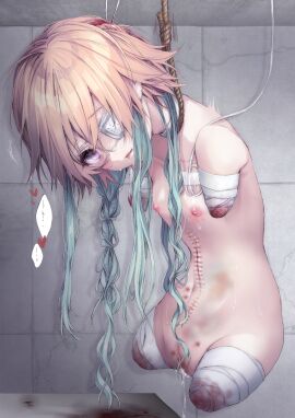1girls absurdres amputee aqua_hair bandaged_arm bandaged_leg bandages blush breasts bruise bruise_on_stomach ceiling collarbone commentary_request commission completely_nude drooling ero_guro eyepatch female female_only full_body gore guro hair_flaps hanged heart highres hunched_over hysterectomy idolmaster idolmaster_cinderella_girls indoors injury lobotomy long_hair looking_at_viewer medical_eyepatch multicolored_hair ninomiya_asuka nipples noose nude nuno_kire open_mouth orange_hair pixiv_commission purple_eyes pussy pussy_juice quadruple_amputee ryona scar scar_on_stomach small_breasts solo sweat tile_wall tiles two-tone_hair