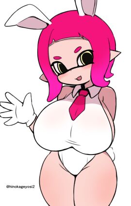 1girls artist_signature bare_shoulders big_breasts breasts bunny_ears bunny_girl bunnysuit curly_hair female gloves head_tilt inkling inkling_girl light-skinned_female light_skin looking_at_viewer makino_nono necktie pink_hair short_hair sideboob solo splatoon splatoon_(series) tentacle_hair thick_thighs white_background wide_hips yellow_eyes