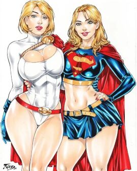 2girls artist_name artist_signature asymmetrical_docking big_breasts blonde_hair blue_eyes boob_window breast_comparison breast_squeeze breasts cape cleavage_cutout cleavage_overflow dc dc_comics ed_benes_studio female female_only fred_benes fully_clothed hand_on_hip hourglass_figure kara_danvers kara_zor-el karen_starr legs leotard lipstick long_hair looking_at_viewer medium_hair multiple_females multiple_girls navel overflow perfect_body perfect_legs power_girl red_lipstick red_nails revealing_clothes shiny_clothes skirt slim_waist smile supergirl superheroine superman_(series) tight_clothing white_background