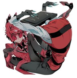 alastor_(hazbin_hotel) boner boner_in_pants fully_clothed gay hazbin_hotel male sitting_on_lap stuck_in_box suprised trapped tv_head vox_(hazbin_hotel)