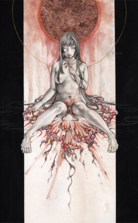 breasts commentary_request completely_nude entrails female finger_to_own_chin full_body gore grey_hair guro long_hair medium_breasts meimaro nude organs original painting_(medium) sitting solo traditional_media very_long_hair