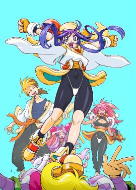 2boys 3girls android aqua_eyes arm_up bandana blonde_hair bloodberry blue_background blue_hair breasts brown_hair cherry_(saber_j) cleavage_cutout clenched_hands closed_eyes clothing_cutout crying female fingerless_gloves floating_hair gloves hair_ornament hanagata_mitsurugi head_tilt headband joints juliet_sleeves kotobuki_tsukasa large_breasts lime_(saber_j) long_hair long_sleeves lying male multicolored_hair multiple_boys multiple_females multiple_girls multiple_males non-web_source off_shoulder official_art on_stomach open_mouth otaru_mamiya outstretched_arms pink_hair puffy_sleeves purple_hair robot_joints rope saber_marionette_j shimenawa simple_background spandex spread_arms stepped_on streaming_tears tears two-tone_hair wide_sleeves