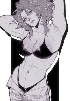 1girls abs armpits arms_above_head arms_behind_head arms_up athletic athletic_female az_ciam based_on_a_real_person belly_piercing biceps black_and_white black_underwear blush_lines bodybuilder bra breasts clavicle female female_focus female_only fit fit_female flexing four_pack front_view greyscale hands_behind_head jeans kaina_tsutsumi lady_nagant large_breasts lipstick long_hair looking_at_viewer monochrome muscular muscular_female my_hero_academia navel navel_piercing oblique_edge obliques panties panties_showing pants_down pants_open pants_undone pierced_belly_button piercing scantily_clad serratus_anterior simple_background simple_shading six_pack slight_smile solo solo_female solo_focus standing unzipped_pants upper_body