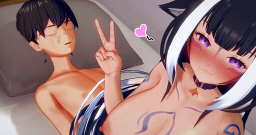 1boy 1girls 3d :3 after_sex areolae bed big_breasts black_hair blush body_markings breasts collar deluxe_rosie exhausted female heart indie_virtual_youtuber large_breasts long_hair looking_at_viewer lying lying_on_back lying_on_bed male multicolored_hair name_tag naughty_face nipples nude nude_female nude_male on_bed orca_girl orca_tail peace_sign purple_eyes purple_hair short_hair shylily sitting sitting_on_bed skinny skinny_male smile virtual_youtuber white_hair