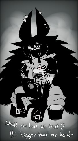 1boy 1girls chaos clothing demon_horns eyebags female frustrated fundamental_paper_education handjob long_hair male miss_circle_(fundamental_paper_education) mister_demi_(fundamental_paper_education) piercing sake_(artist) smile teasing teeth