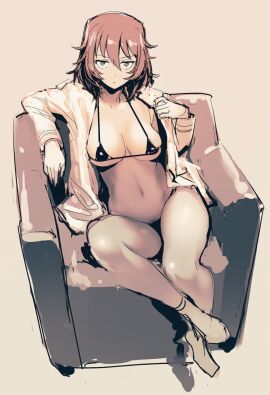 1girls andou_(girls_und_panzer) bikini brown_hair brunette_hair female girls_und_panzer kobayashi3biker pubic_hair pubic_hair_peek sitting sitting_on_chair tagme tanned tanned_body tanned_female tanned_skin tomboy unbuttoned unbuttoned_shirt