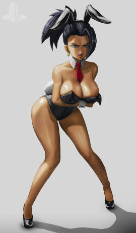 1girls black_eyes black_hair black_leotard breasts bunny_ears bunny_tail detached_collar dragon_ball dragon_ball_super earrings elitenappa fake_animal_ears fake_tail female high_heels hoop_earrings kale large_breasts leotard looking_at_viewer necktie playboy_bunny ponytail