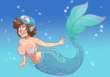 aged_up aged_up_character brown_eyes brown_hair brunette_hair dipper_pines embarrassed female female_dipper gearfou gearthefae genderswap genderswap_(mtf) gravity_falls merfolk mermaid mermaid_girl mermaid_tail rule_63 short_hair