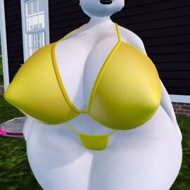 3d anthro ass big_ass big_breasts bikini boobs breasts breasts_bigger_than_head cheek_tuft cleavage eyes_out_of_frame female ferialexonar furry huge_ass huge_breasts outdoors outside standing swimsuit swimwear thick_thighs thighs thighs_bigger_than_head thighs_together white_fur wide_hips yellow_bikini