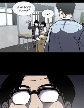 1boy 3girls ahn_jooyeon background_character background_characters black_hair female leering long_hair male manhwa miniskirt pervert school_uniform sitting skirt teacher the_devil’s_boy thighs