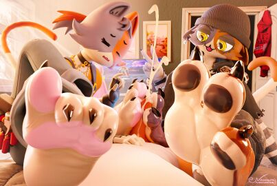 3d_(artwork) anthro barefoot beanie bodily_fluids calico_cat cate_meowdy_(fortnite) claws clothing cousin cousins cousins_(lore) cum cum_on_feet cum_on_paw detailed_background digital_media_(artwork) domestic_cat ear_piercing epic_games feet felid feline felis female female/female foot_fetish foot_focus foot_play footjob fortnite furry genital_fluids gesture group hand_gesture hat headgear headwear hi_res human humanoid male male/female mammal meow_skulls_(fortnite) nouvaera pawpads piercing pov pov_feet pov_footjob sex soles trio v_sign