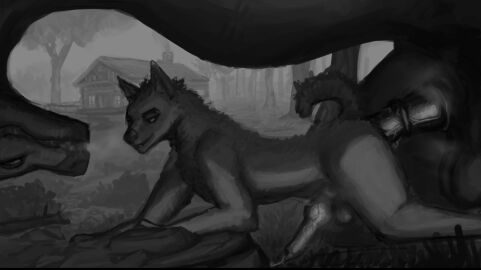 anal anal_sex animal_genitalia anthro balls big_balls bodily_fluids canid canine canis corvidtree dragon dripping duo equine_genitalia feral feral_penetrating genital_fluids genitals hi_res knot larger_feral male male/male mammal musk musky_penis mythological_creature mythological_scalie mythology penetration precum precum_drip precum_on_ground scalie sex sheath size_difference smirking_at_another wolf