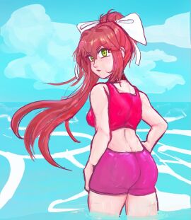 1girls ass azazel_mr back back_view behind_view breasts doki_doki_literature_club female green_eyes in_water long_hair monika_(doki_doki_literature_club) water