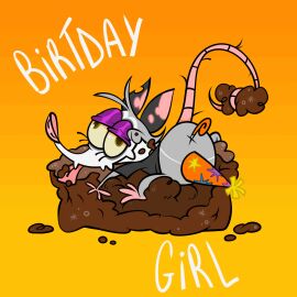 2022 3_toes ambiguous_feral ambiguous_gender american_opossum animated anus basttard birthday black_clothing black_ears black_shirt black_topwear brown_eyes brownies cake candy chocolate clothed clothed_feral clothing derp_eyes dessert english_text eyelashes feet female female_(lore) feral food fur gradient_background grey_body grey_fur half-closed_eyes hat headgear headwear hi_res humor mammal marsupial multicolored_body multicolored_ears multicolored_fur narrowed_eyes notched_ear orange_background party_hat party_horn pink_ears pink_nose pink_tail prehensile_tail purple_eyelids shirt short_sleeves simple_background snout solo tail text toes tongue tongue_out topwear two-tone_body two-tone_ears two-tone_fur white_body white_fur white_text x_anus yellow_background