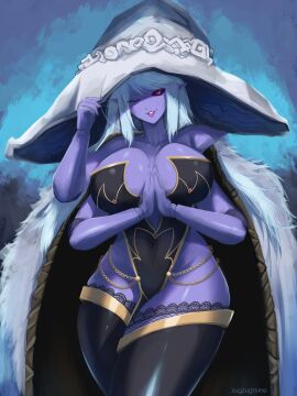 4_arms ball_joints bare_hips bare_shoulders big_breasts big_hat black_sclera breasts cleavage collarbone demon demon_girl demoness elden_ring eye_closed female fromsoftware gold_chain gold_trim hat huge_breasts indie_virtual_youtuber lace_trim large_breasts leotard light_blue_hair magenta_eyes mimiqu multi_arm multi_limb one_eye_closed purple_skin ranni_the_witch straight_hair thick_thighs thighhighs thighs virtual_youtuber vtuber wide_hips witch_hat zugzugmine
