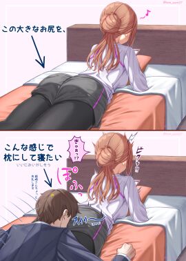 1boy absurdres arrow_(symbol) ass bed_sheet black_pantyhose black_shorts booty breasts brown_hair commentary_request face_in_ass face_in_butt face_on_ass face_on_butt female gakuen_idolmaster hair_bun head_on_ass highres himesaki_rinami holding holding_phone idolmaster landing long_hair on_bed pantyhose pantyhose_under_shorts phone producer_(idolmaster) shirt short_shorts shorts single_hair_bun speech_bubble translation_request trembling white_shirt yugao_(kam_pom37)