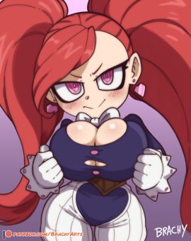 1girls aiba_manami big_breasts blush brachyzoid breast_focus breasts bursting_breasts cleavage clothing ear_piercing earrings female female_only hair hands_on_breasts heart_earrings hips huge_breasts la_brava_(my_hero_academia) my_hero_academia pink_eyes red_hair ribbon shortstack smile solo solo_female twintails