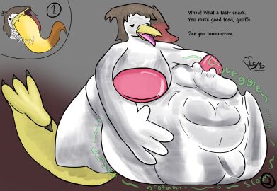 anthro avian beak belly big_belly bird breath charlotte_(ishitmypants) chicken cutaway dialogue different_sound_effects digestion_noises duo feet female futanari galliform gallus_(genus) giraffe giraffid hand_on_belly head_first hi_res intersex inverted_nipples ishitmypants lizard_tail mammal nipples open_mouth oral_vore pengu_(ishitmypants) phasianid shaded slurping solo_focus sound_effects talons toes tongue tongue_out trans_(lore) trans_woman_(lore) vore