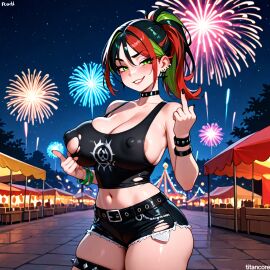 (titancore) ai_generated amusement_park bad_girl big_breasts black_hair curvy_figure cute_girl female festival fireworks fortnite fortnite:_battle_royale girl green_hair helsie_(fortnite) middle_finger multicolored_hair naughty_girl night red_hair shorts single_girl tank_top teasing_viewer thick_thighs thigh_clothing torn_clothing video_game_character