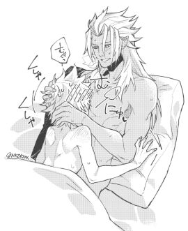 2boys age_difference blush breath commentary_request completely_nude dark-skinned_male dark_skin facing_away greyscale half-closed_eyes hand_on_another's_head height_difference implied_sex kingdom_hearts kingdom_hearts_ii long_hair looking_at_another lying male male_focus monochrome multiple_boys multiple_males nude nukaduke000 on_back on_pillow parted_bangs pointy_ears roxas screentones short_hair shoulder_blush signature smile spiked_hair sweat toned toned_male translation_request under_covers xemnas yaoi