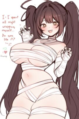 1girls breasts english_text female female_focus female_only indie_virtual_youtuber large_breasts light-skinned_female light_skin midriff mummy mummy_costume mummy_wrappings original sky_(skyaboveme) skyaboveme solo text thick_thighs thighs virtual_youtuber white_background wide_hips