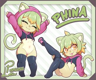 2024 4_fingers :3 anthro arm_support arms_above_head ass bare_butt belly black_clothing black_hoodie black_legwear black_thigh_highs black_topwear bottomless breasts camel_toe cameltoe cat_nose cat_tail chibi clitoris closed_eyes clothed clothing colored crop_hoodie curled_tail dark_pupils digital_media_(artwork) domestic_cat ear_tuft eye_through_hair eyebrow_through_hair eyebrows eyelashes eyelashes_through_hair feet felid feline felis female fingers fur genitals green_body green_fur green_hair green_tail hair hi_res holding_leg holding_leg_up hood hoodie humanoid inner_ear_fluff leaf leaf_hair legwear long_sleeves long_tail looking_at_viewer mammal medium_breasts medium_hair meme meme_clothing model_sheet mouth_closed multicolored_body multicolored_clothing multicolored_fur multicolored_hoodie multiple_images multiple_poses multiple_positions navel orange_eyes orange_hair paggi_outfit pantsless pantsless_anthro pantsless_female parura_lew pawpads phina_(parura_lew) pink_clothing pink_hood pink_hoodie pink_topwear plant plant_hair pose presenting print_clothing pseudo_hair pussy raised_arms rear_view shaded short_stack signature simple_background sitting sitting_on_ground sitting_on_ledge sketch_page slightly_chubby slightly_chubby_anthro slightly_chubby_female smile smiling_at_viewer soles solo standing stretching tail text thick_thighs thigh_highs three-quarter_view tight_clothing tight_legwear toes tongue tongue_out topwear translucent translucent_hair tuft two-tone_body two-tone_fur under_boob wide_hips