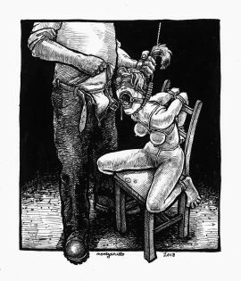 1boy 1girls black_and_white female male noose rope_bondage tied_to_chair