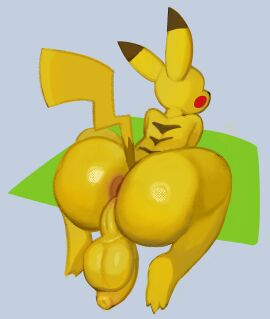 2025 anthro anus ass backsack balls ballsack big_butt butt_focus colored digital_media_(artwork) femboy foreskin fur gay gay_male generation_1_pokemon genitals glistening glistening_butt hi_res homosexual homosexual_male humanoid_genitalia humanoid_penis male male/male male_only male_penetrated mammal nintendo nude penis perineum pikachu pokemon pokemon_(species) presenting presenting_hindquarters rear_view ris_(riskysquid) riskysquid rodent shaded simple_background solo solo_male tail thick_thighs uncircumcised yellow_body yellow_fur yellow_skin