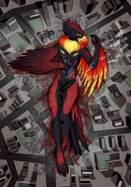 3_toes 5_fingers alternate_version_available anthro avian balls bird black_balls black_body black_fur black_penis catewolf city claws cum feathered_arms feathers fur genital_fluids genitals giant gore humanoid_genitalia humanoid_penis lying lying_on_back macro male male_only multicolored_body multicolored_feathers nude paradisaea penis phoenix quin_(paradisaea) rampage red_body red_feathers red_fur solo tail testicles wings yellow_feathers yellow_fur