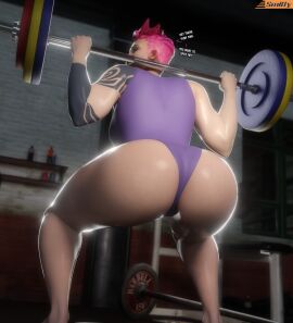 3d ass big_ass blender_(software) clothed clothing fair_skin female leotard muscle_mommy muscles muscular muscular_female overwatch overwatch_2 pink_hair smitty34 squatting tagme tattoo tattooed_arm weightlifting weights zarya