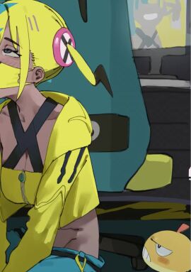 1girls animated aqua_hair bandeau black_mask blonde_hair blue_eyes breasts canari_(pokemon) criss-cross_halter dark-skinned_female dark_skin female halterneck highres implied_fellatio jacket lonklink looking_at_viewer mask mask_lift medium_breasts mouth_mask multicolored_hair naughty_face paid_reward_available pokemon pokemon_(creature) pokemon_legends:_z-a pulling_own_clothes scraggy short_twintails smile split-color_hair tagme tongue tongue_out twintails two-tone_hair two-tone_mask video yellow_bandeau yellow_jacket yellow_mask zipper