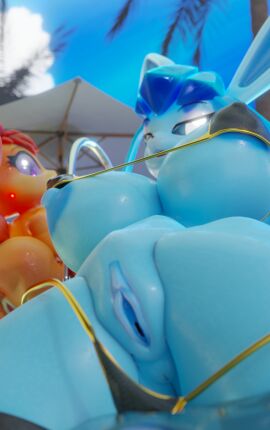 2023 2girls 3d bikini blender blue_body breasts eeveelution furry furry_female glaceon nintendo nipples pokemon pokemon_(species) pussy tagme vulpix xazter3d