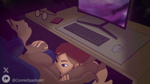 1futa 1girls animated big_breasts blowjob bottomless breasts clothed clothing computer_monitor conniesparksart_(artist) dark-skinned_futa dark_skin duo fellatio female futa_on_female futanari gif glasses human intersex light-skinned_female light_skin mostly_nude oral penis sex under_the_table