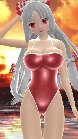 1girls 2023 3d beach belly_button blush bowtie breasts clavicle cleavage clouds female fujiwara_no_mokou hati_yukkuri_mmd human imperishable_night light-skinned_female light_skin long-haired_female looking_at_viewer mmd one_arm_up open_mouth outdoors red_eyes red_swimsuit sky solo_female solo_focus sunset swimsuit touhou waist water white-haired_female