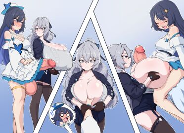 1futa 1girls balls big_balls big_breasts black_hair blue_eyes blue_hair blush bottomless breasts bronya_zaychik cleavage closed_eyes clothed clothing dmxwoops dress duo erection expressionless female futa_on_female futanari grey_eyes grey_hair hand_on_breast hat honkai_(series) honkai_impact_3rd huge_breasts huge_cock human intersex large_breasts light-skinned_female light-skinned_futa light_skin long_hair looking_at_penis mostly_clothed paizuri penis seele_vollerei smooth_balls smooth_penis stockings