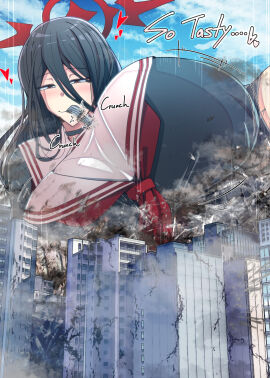 1girls 2d 2d_(artwork) big_breasts blue_archive breasts building building_destruction buildings city city_destruction destruction digital_media_(artwork) earthquake eating english english_text female female_focus female_only giant_female giantess hasumi_(blue_archive) huge_breasts light-skinned_female light_skin long_hair macro macro_female outdoors sky solo solo_female solo_focus tw_eng_div