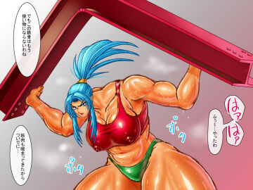 1girls amazon big_breasts blue_eyes blue_hair breasts circle_max female holding_object huge_breasts king_of_fighters leona_heidern lifting light-skinned_female light_skin long_hair looking_at_viewer muscles muscular muscular_female nipple_bulge nipples nipples_visible_through_clothing ponytail red_bra shiny shiny_clothes tan tank_top thick thick_legs thick_thighs thighs thong tight_clothes tight_clothing voluptuous voluptuous_female wet wide_hips
