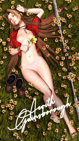 3d_model aerith_gainsborough alaska-pollock barefoot bolero bolero_jacket breasts brown_hair female final_fantasy final_fantasy_vii final_fantasy_vii_remake flower_in_hand flowers green_eyes hair_bangs laying_on_back laying_on_grass long_hair looking_at_side metal_bracelet model necklace pink_underwear pinup pose red_jacket small_breasts solo solo_female staff stave
